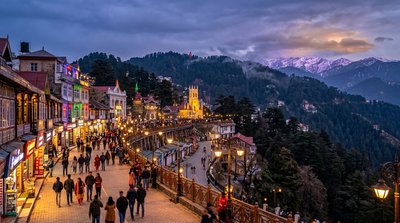 Shimla Mall Road at Dusk - Heritage & Mountains